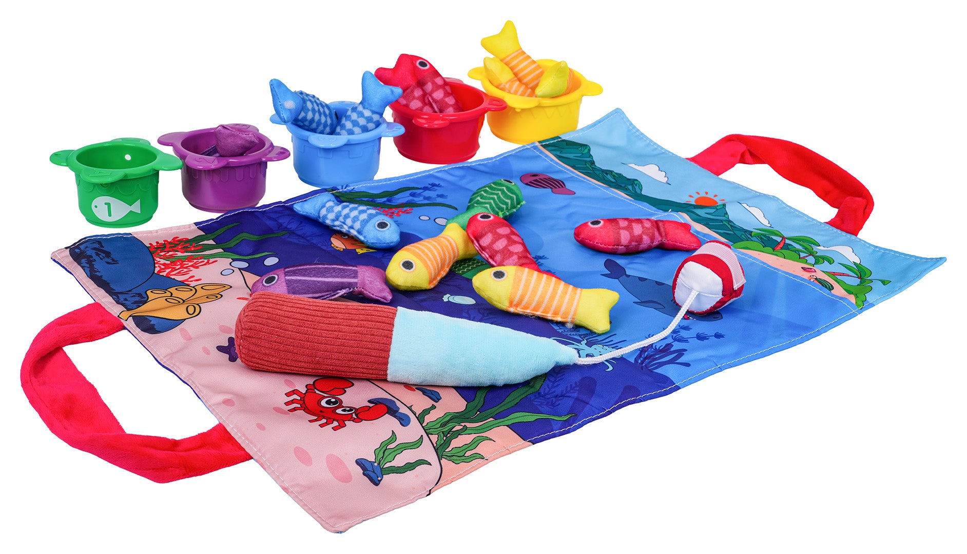 mīksto rotaļu makšķerēšanas komplekts ar krāsainu jūras tematikas paklājiņu, auduma zivtiņām, makšķeri un pieciem šķirošanas kausiņiem