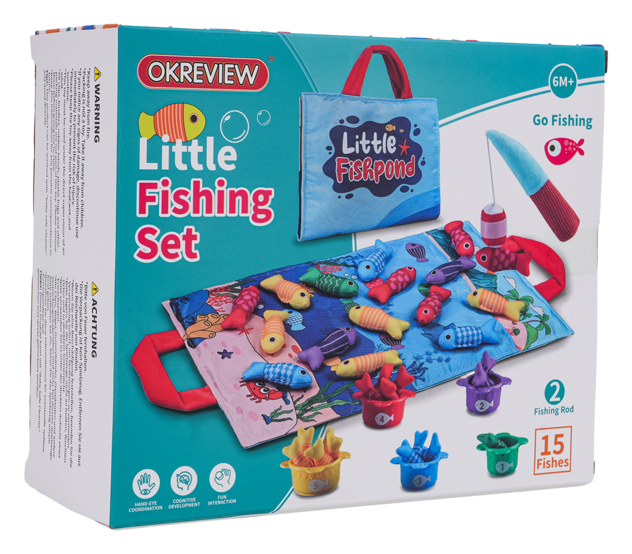 Mīksts makšķerēšanas komplekts ar paklājiņu, 15 krāsainām zivtiņām, krūzītēm un makšķeri