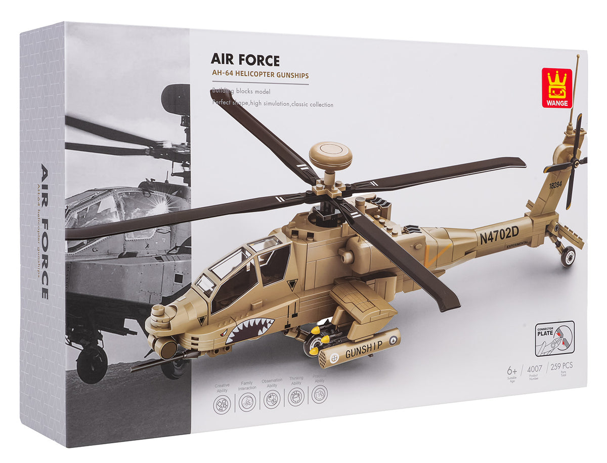 Militārā helikoptera AH-64 Apache konstruktors Wange Air Force, 259 detaļas, 6+