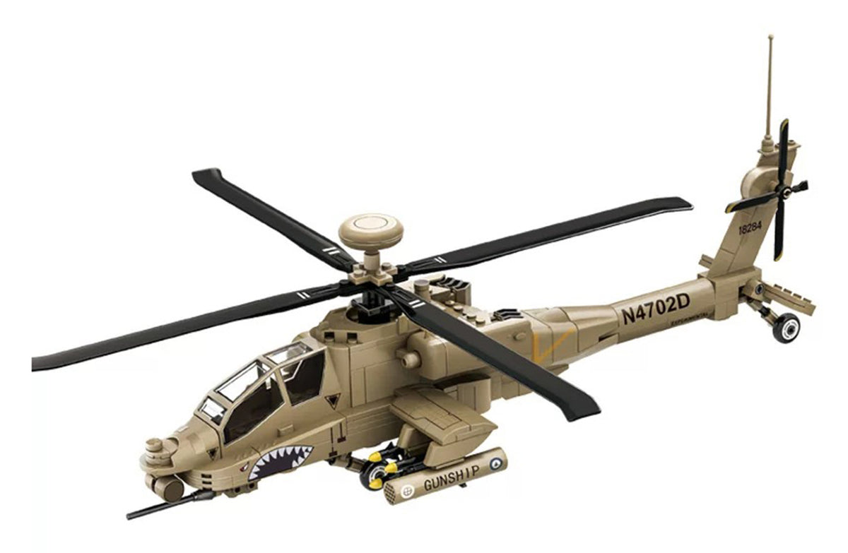 Militārā helikoptera AH-64 Apache konstruktors Wange — salikts modelis uz balta fona