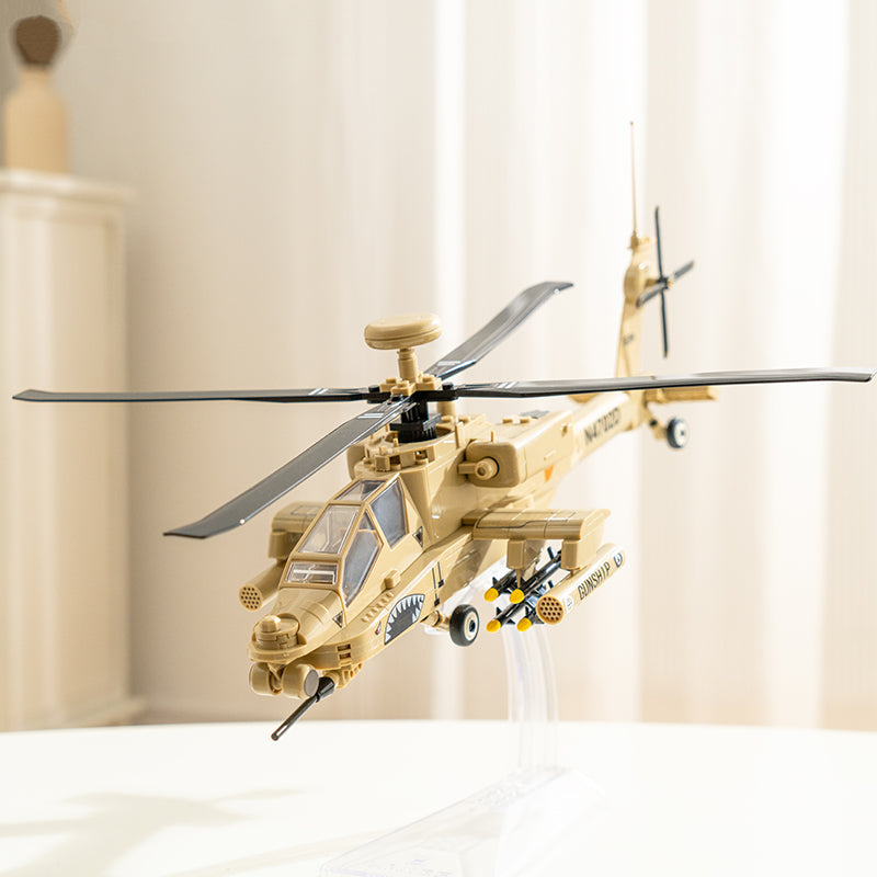Militārā helikoptera AH-64 Apache konstruktors Wange — salikts modelis uz statīva, skats no priekšpuses