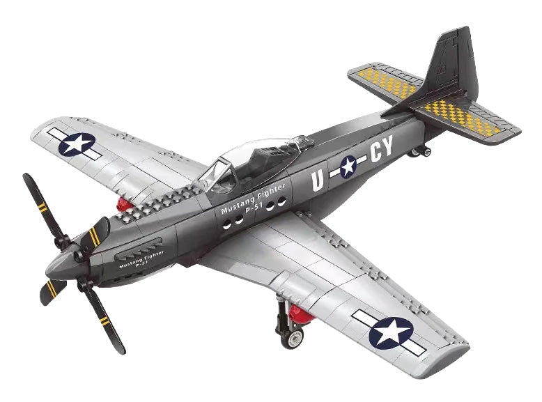 Militārās lidmašīnas P-51 Mustang konstruktors — salikts modelis ar propelleru un šasiju