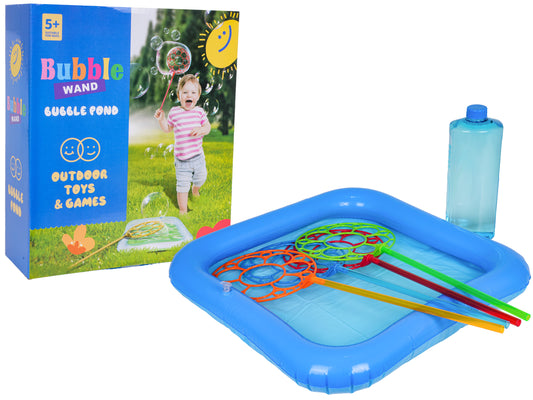 Milzu burbuļu veidošanas komplekts ar četriem riņķiem burbuļu šķīdumu un piepūšamu baseinu