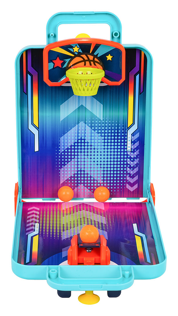 Galda mini basketbola spēle ar oranžām bumbiņām un zaļu grozu koferī