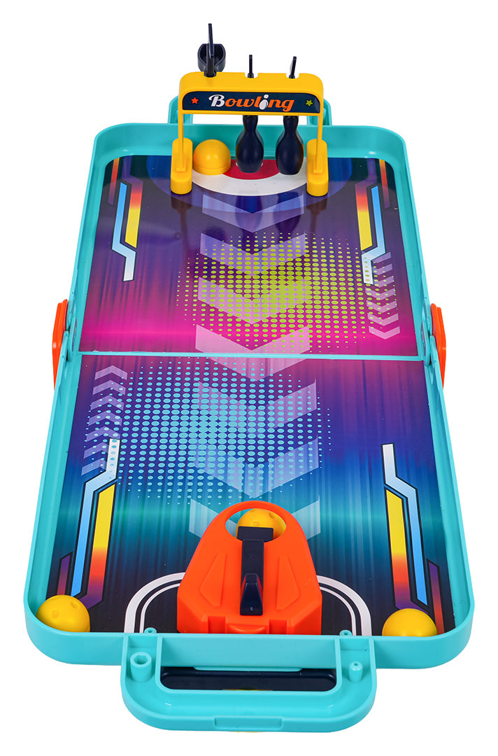 Krāsains mini boulinga laukums ar trīs keglēm un bumbiņu bērniem