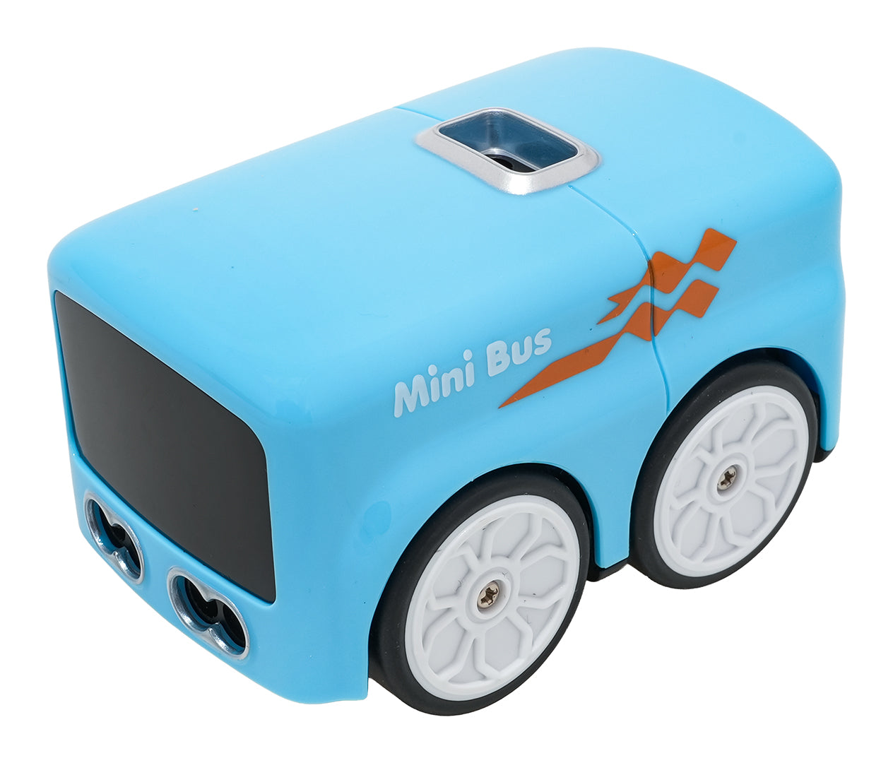 Zilais “Mini Bus” tālvadības autobusiņš ar sensoriem un baltām riepām