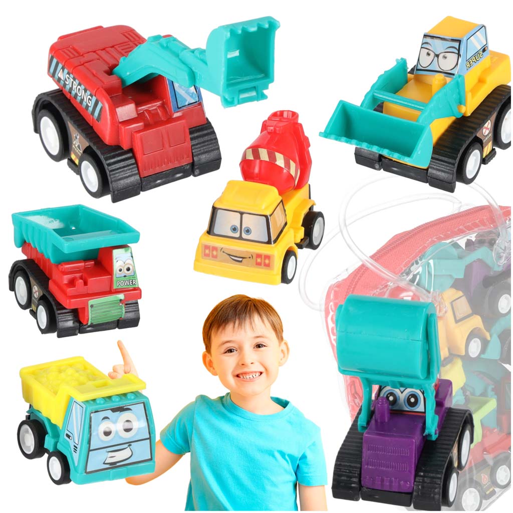 Mini būvtehnikas auto komplekts ar 6 celtniecības transportlīdzekļiem bērniem