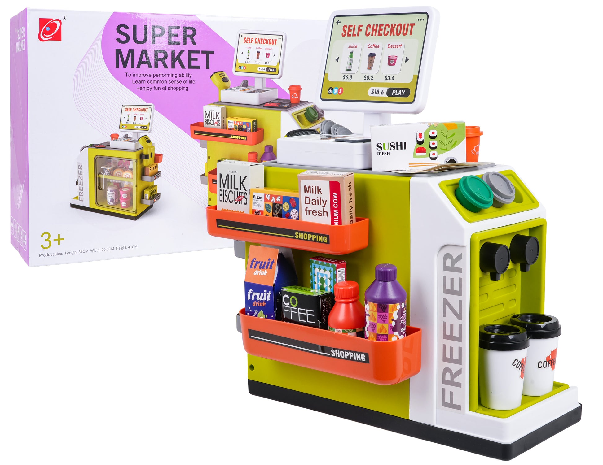 Mini lielveikala rotaļu komplekts ar pašapkalpošanās kasi, skeneri, plauktiem, atveramu ledusskapi un pārtikas produktu imitācijām