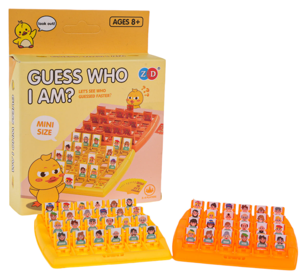 Mini loģikas spēle Uzmini kurš 2 spēlētājiem ar 24 tēliem dzeltenā un oranžā krāsā