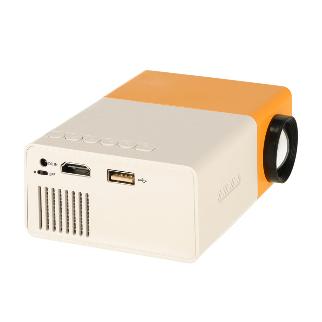 Mini projektors baltā un oranžā krāsā ar HDMI un USB pieslēgvietām