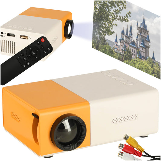 Mini projektors balts–oranžs ar tālvadības pulti, HDMI/USB/AV pieslēgvietas un projicētu attēlu