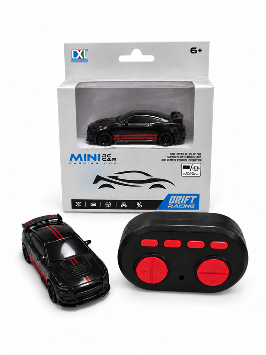 Mini RC drift auto ar pulti, melns ar sarkanām svītrām, iepakojumā