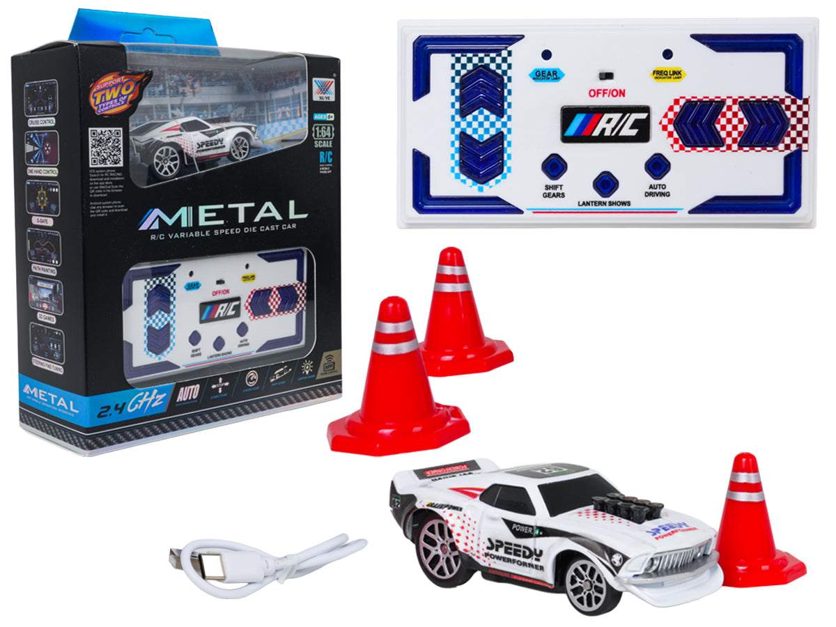 Mini RC Drift auto SPEEDY 1:64 ar metāla korpusu 2.4 GHz pulti APP vadību un konusiem