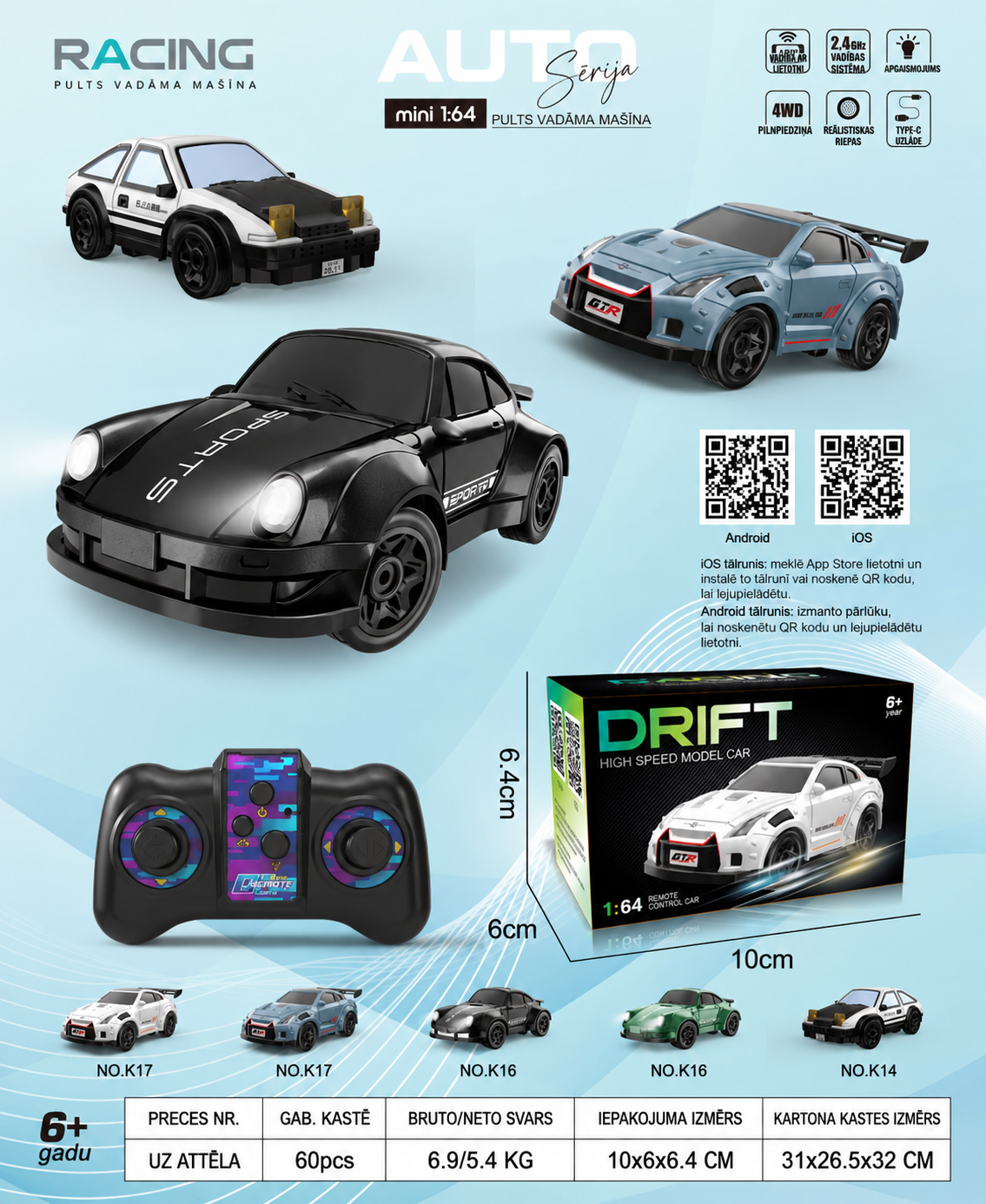 Mini RC Drift auto SPORT 1:64 4WD melns ar 2.4 GHz pulti APP vadību un LED gaismām