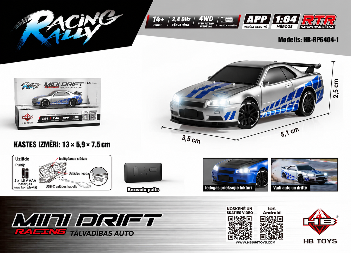 Sudraba mini RC drifta auto 1:64 4WD ar zilām sporta uzlīmēm, gaismām un tālvadības pulti