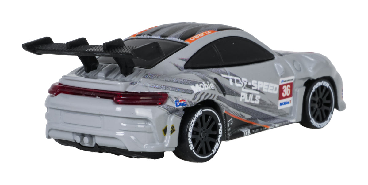 Mini RC sporta auto pelēkā krāsā ar spoileri — skats no aizmugures