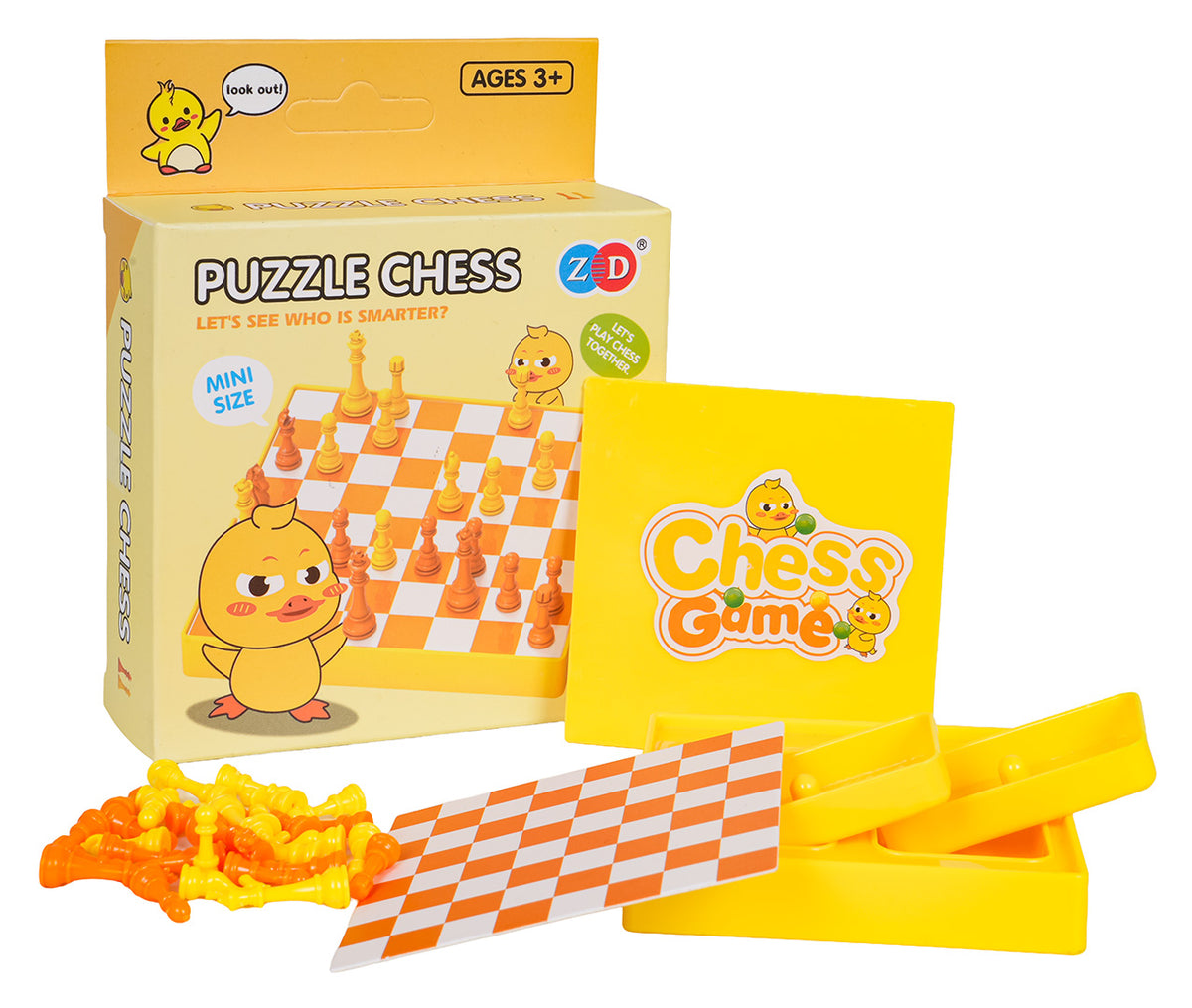 Mini šaha spēle bērniem ar dzeltenām un oranžām figūrām pīles versijā