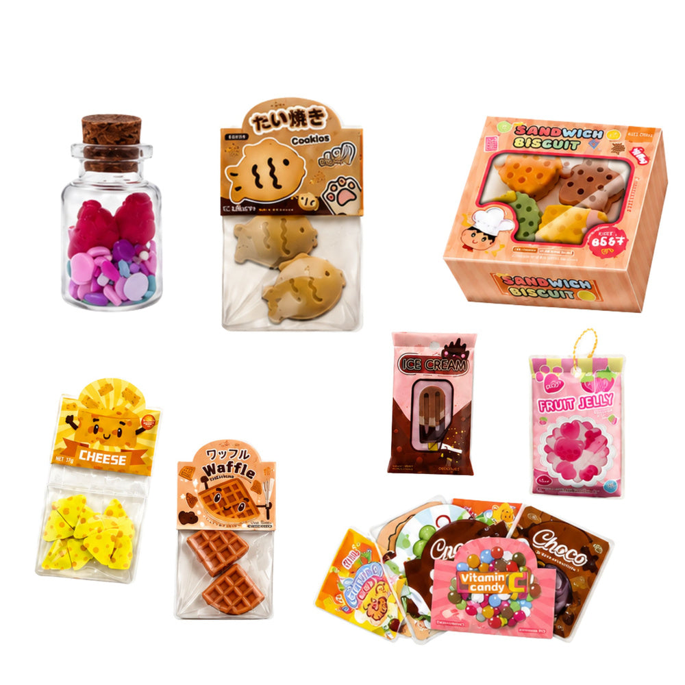 Mini squishy saldumu un uzkodu figūriņu komplekts ar dažādiem iepakojumiem