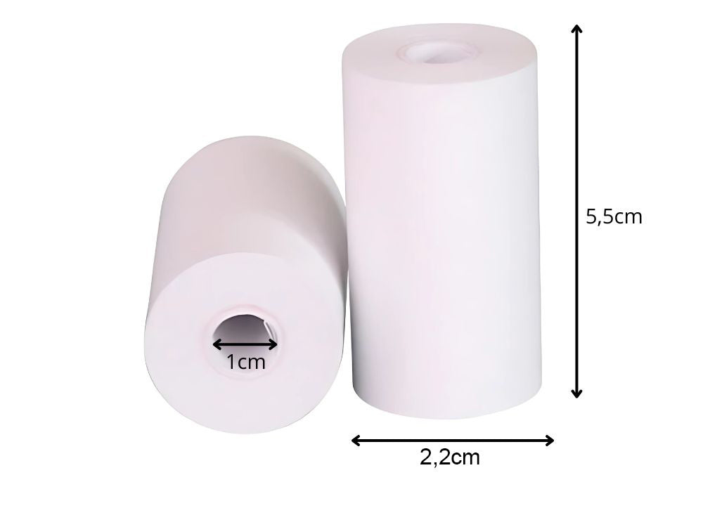 Termopapīra ruļļi mini termoprinterim ar norādītiem izmēriem 5,5 x 2,2 cm