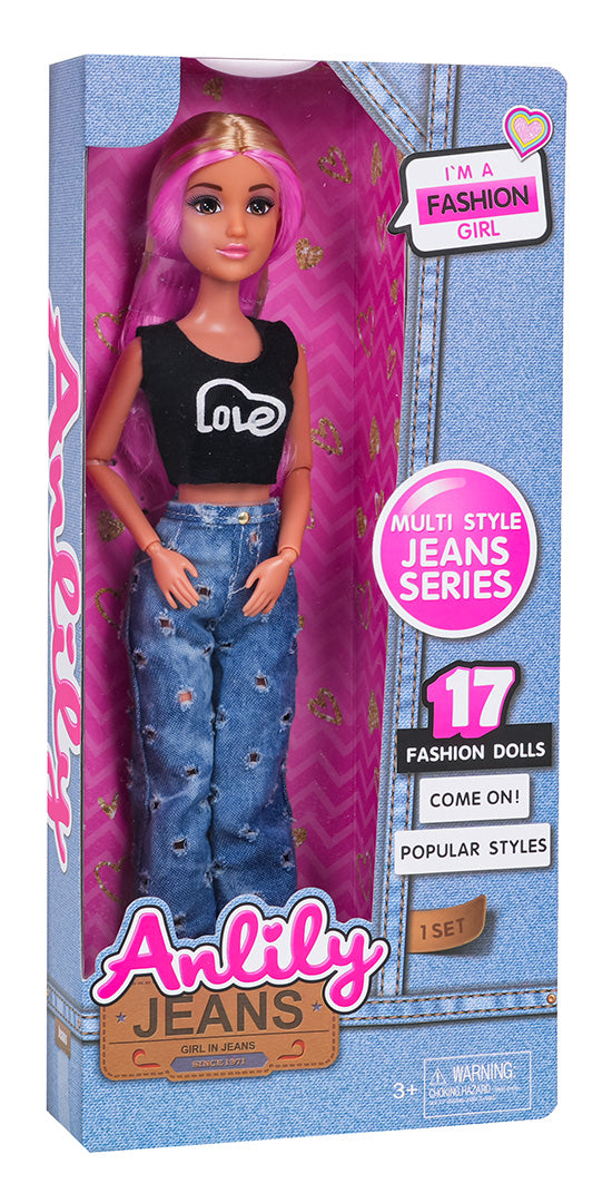 Modes lelle Anlily džinsu sērijas iepakojumā ar rozā matiem un melnu topiņu