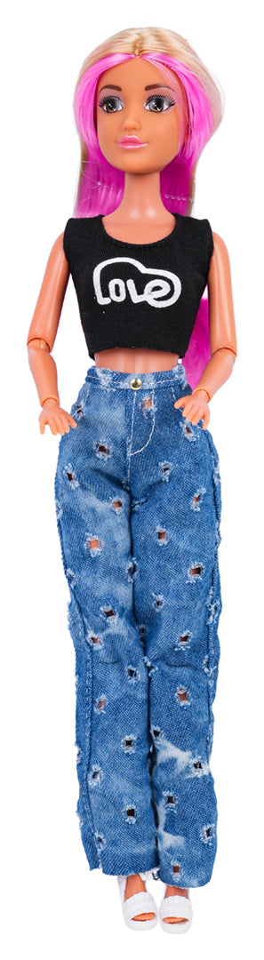 Modes lelle ar rozā matiem, melnu topiņu un saplēstiem džinsiem