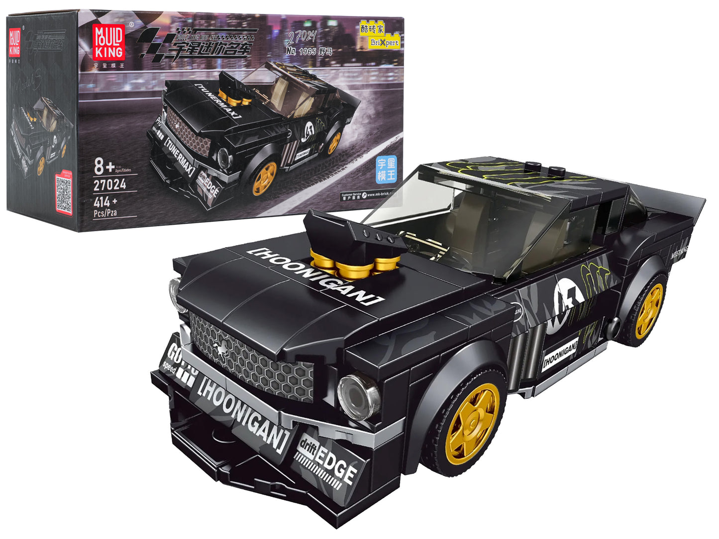 Mold King melns sporta auto klucīšu komplekts 414 gabali ar gumijas riepām un izstādes kasti