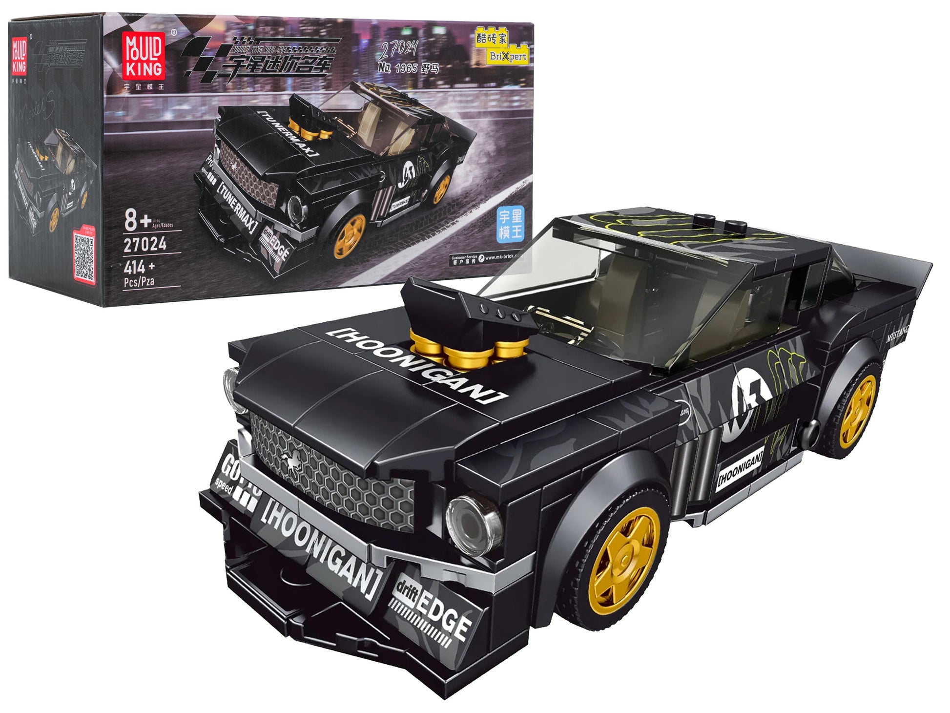 Mold King melns sporta auto klucīšu komplekts 414 gabali ar gumijas riepām un izstādes kasti