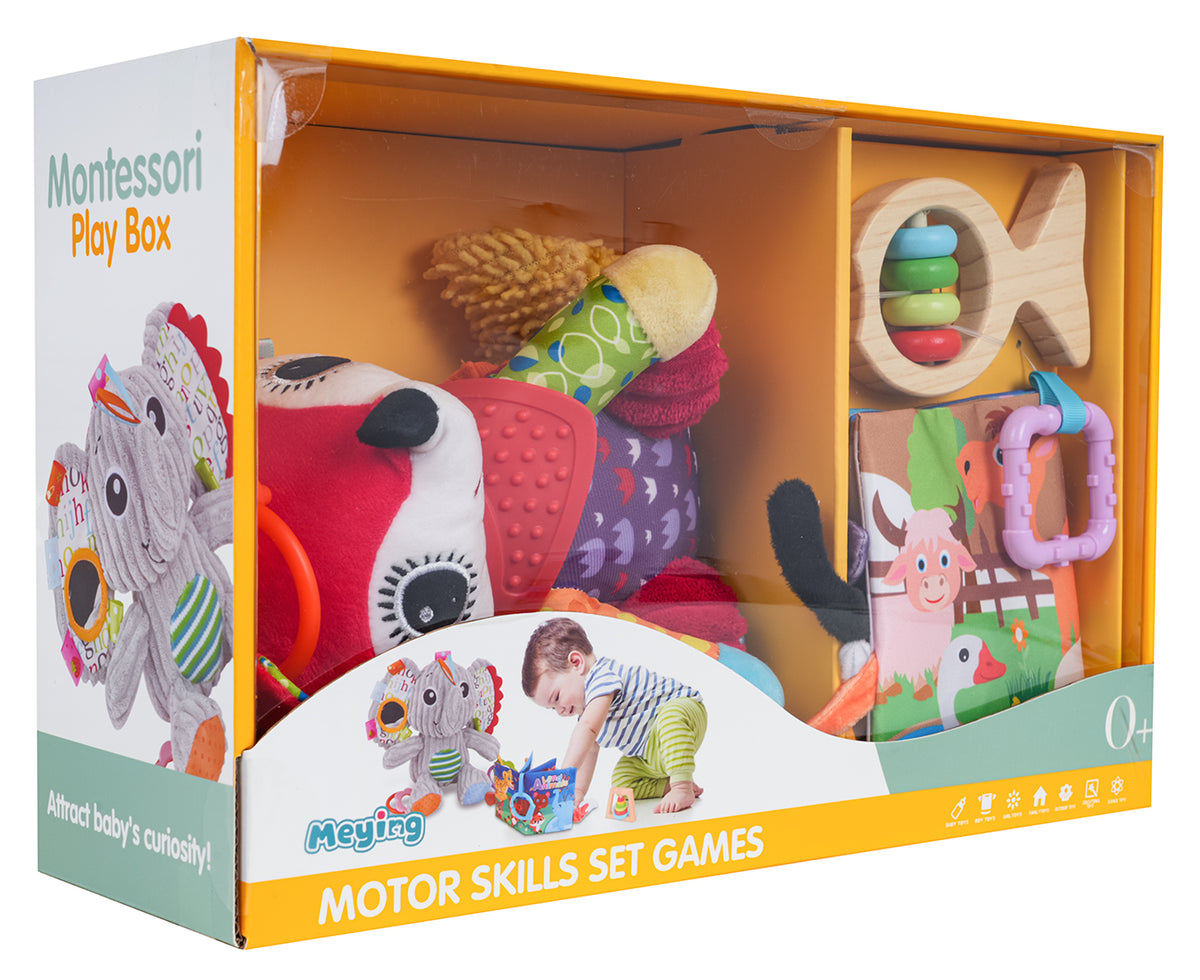 Montessori attīstošo rotaļlietu komplekts mazuļiem ar mīksto lapsiņu, auduma grāmatiņu, koka grabulīti un dažādām sensorajām aktivitātēm smalkās motorikas un maņu attīstīšanai, oriģinālajā iepakojumā
