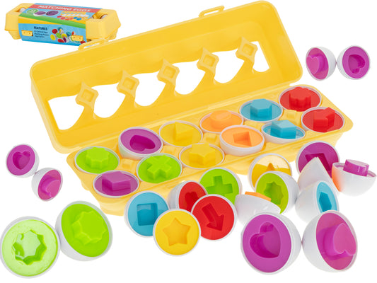 Montessori olu puzle bērniem 12 gabali ar krāsām un formām plastmasas olu kastītē