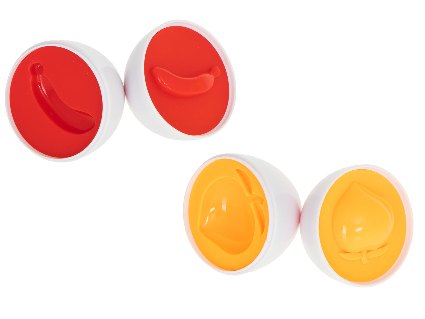 Divas atvērtas Montessori šķirošanas olas ar augļu formām — sarkana banāna forma un oranža persika forma