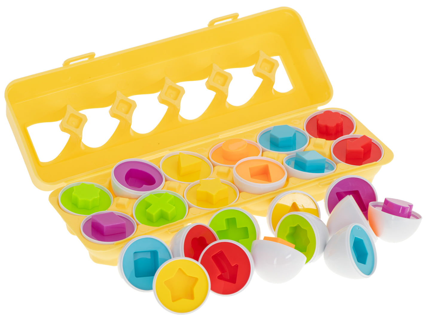 Montessori šķirošanas olu komplekts ar formām un krāsām, 12 gab., dzeltenā kastītē