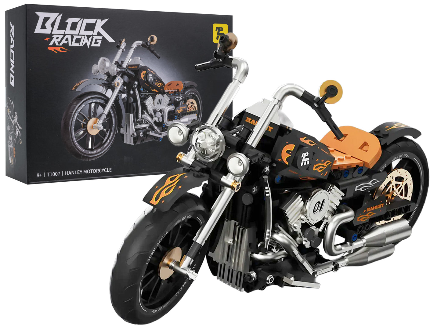 Motocikla klucīšu komplekts 455 detaļas, melns motocikls ar oranžiem akcentiem un gumijas riepām