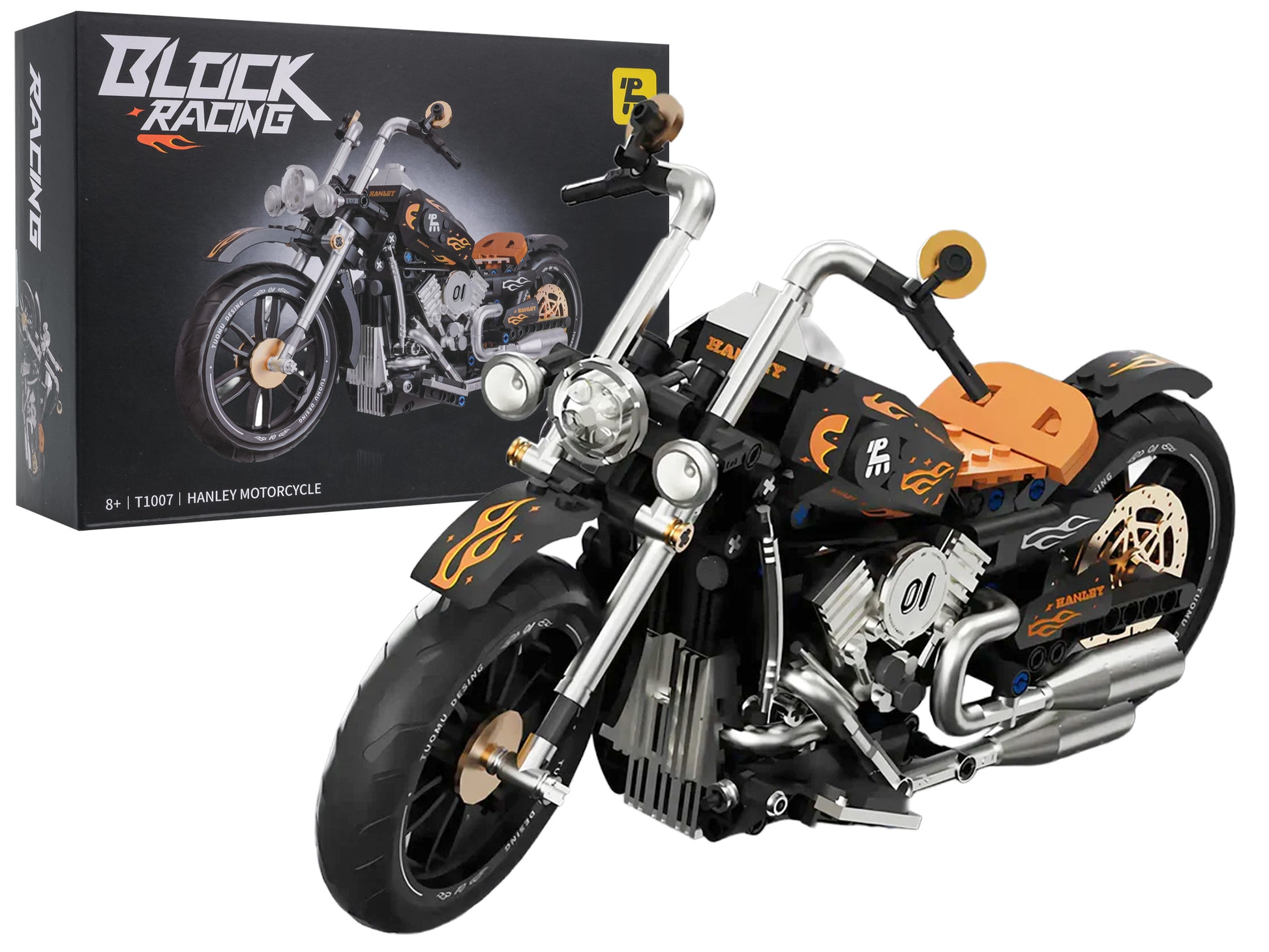 Motocikla klucīšu komplekts 455 detaļas, melns motocikls ar oranžiem akcentiem un gumijas riepām