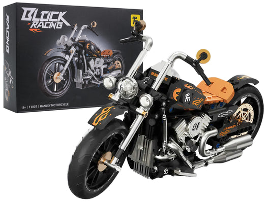 Motocikla klucīšu komplekts 455 detaļas, melns motocikls ar oranžiem akcentiem un gumijas riepām