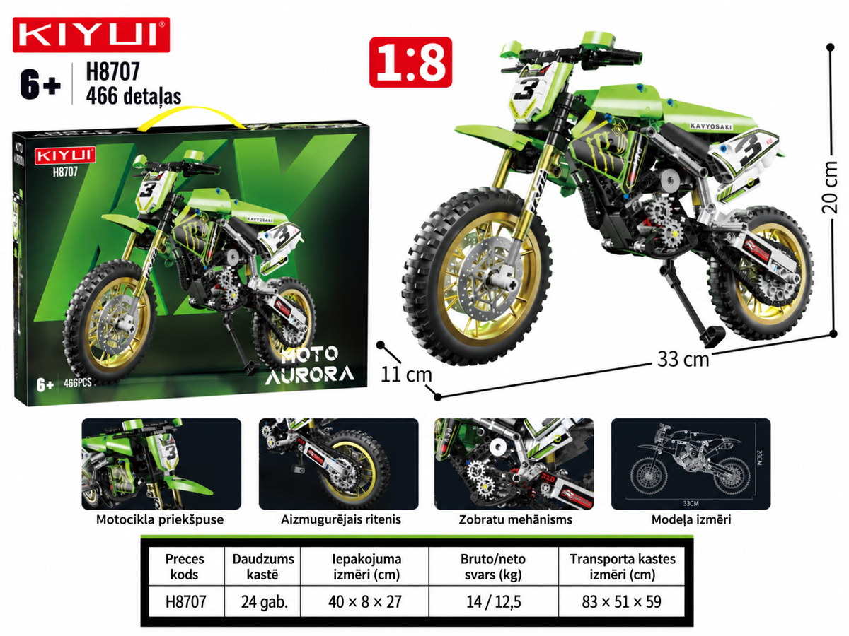 Zaļš motocikla konstruktors 1:8 ar 466 detaļām un gumijas riepām