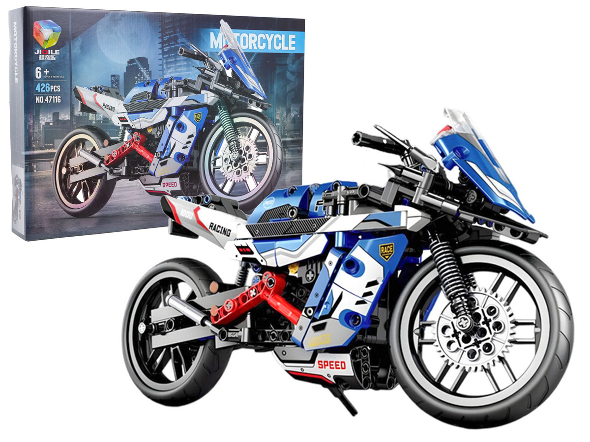 Motocikla konstruktors 426 gabali zili balts klucīšu komplekts bērniem
