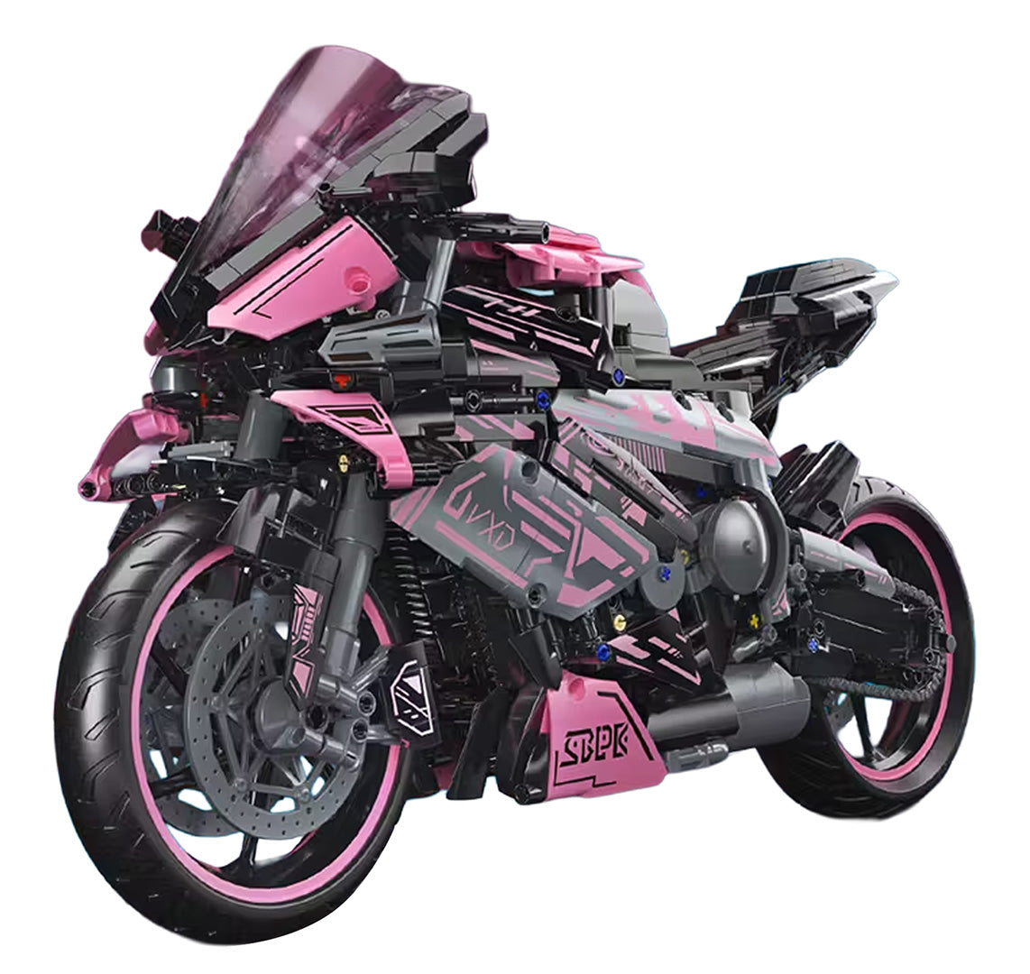 rozā tehniskā motocikla modelis ar sportisku dizainu priekšpuses skatā