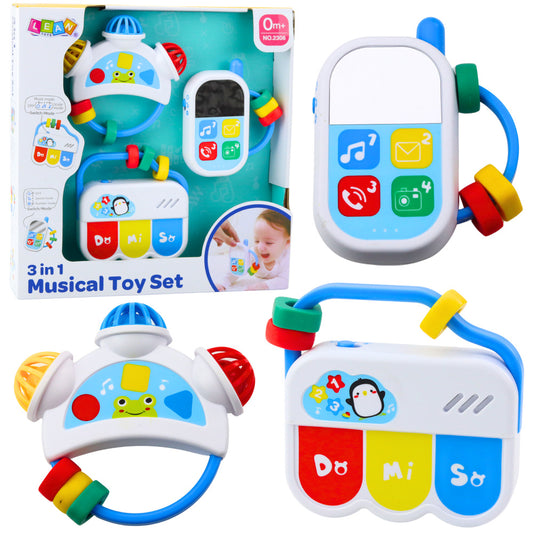 Muzikāls 3-in-1 komplekts zīdaiņiem — tālrunis, tamburīns, mini klaviatūra; iepakojums un saturs