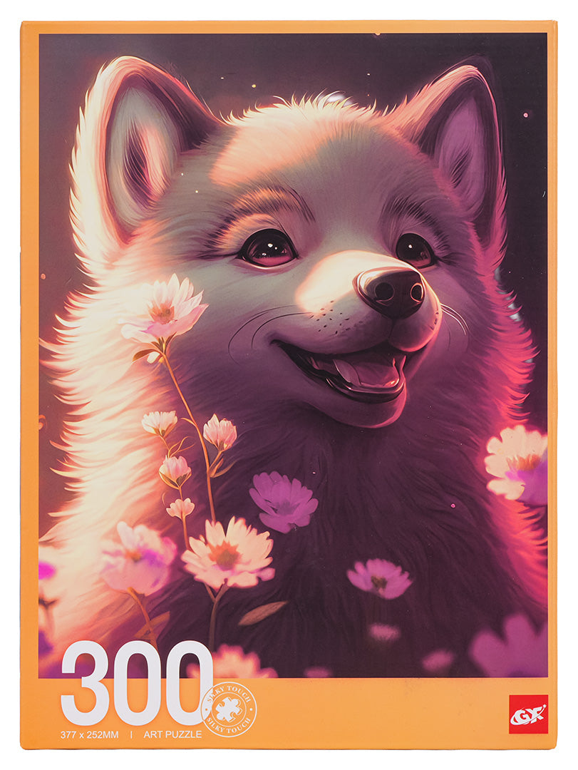 300 detaļu puzles iepakojums ar baltu suni ziedu fonā