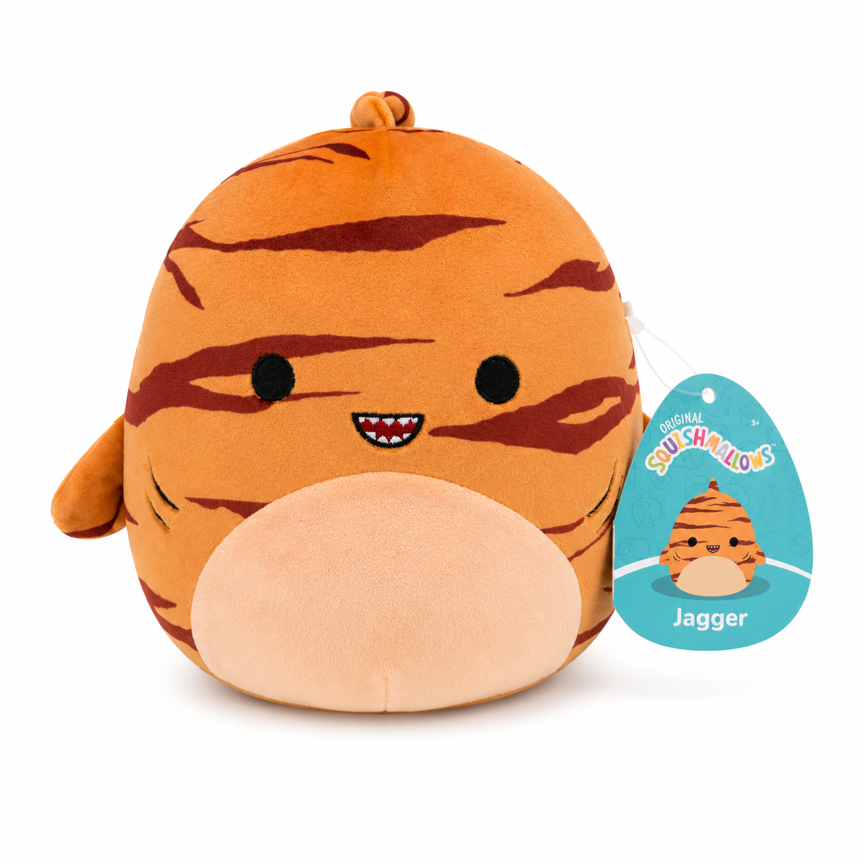 Oranža Squishmallows tīģera plīša rotaļlieta Jagger ar svītrainu dizainu