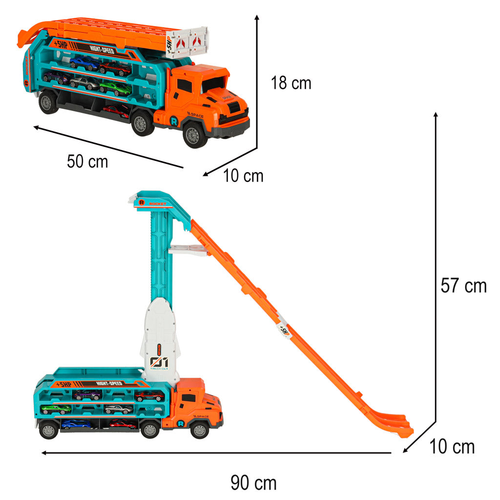 Oranžs auto vedējs ar izvelkamu sacīkšu rampu, izmēri 50 × 10 × 18 cm un trase līdz 90 × 57 cm
