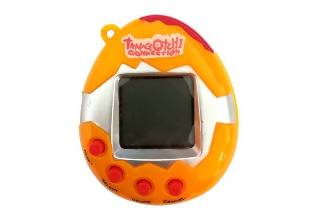 Oranžs elektroniskais tamagotchi olas formā ar displeju un pogām