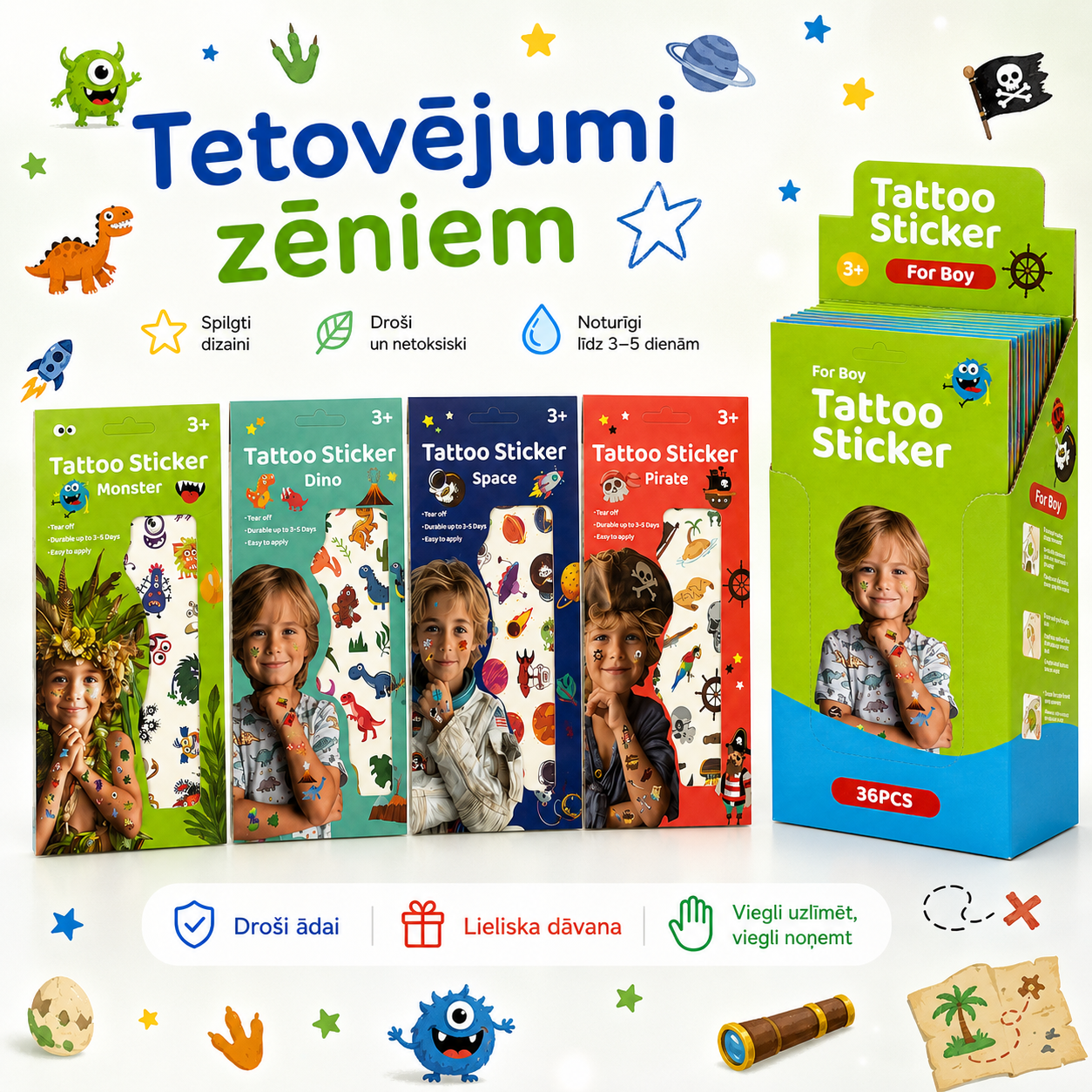 Pagaidu tetovējumu uzlīmes zēniem dažādos dizainos, 1 loksne