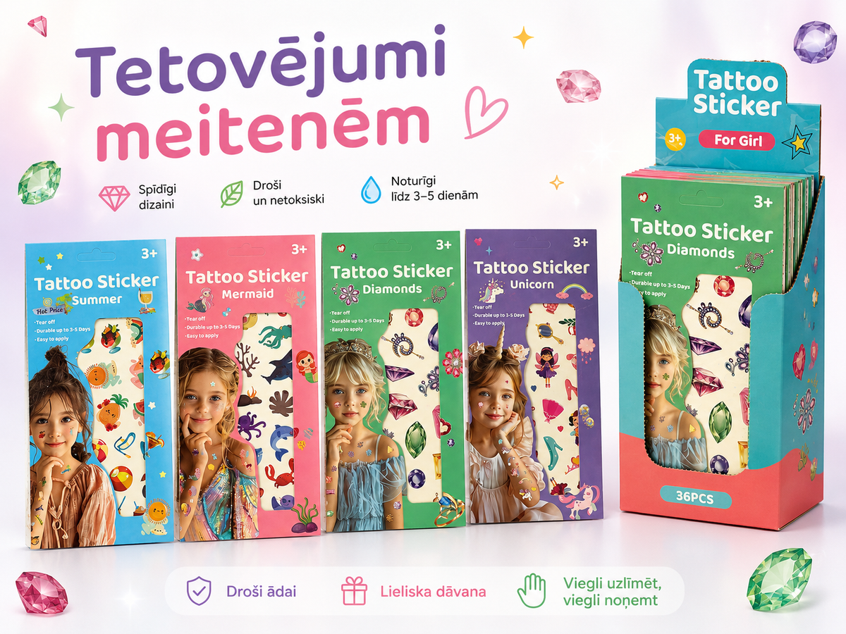 Pagaidu tetovējumu uzlīmju komplekti meitenēm ar dažādiem dizainiem un displeja kasti