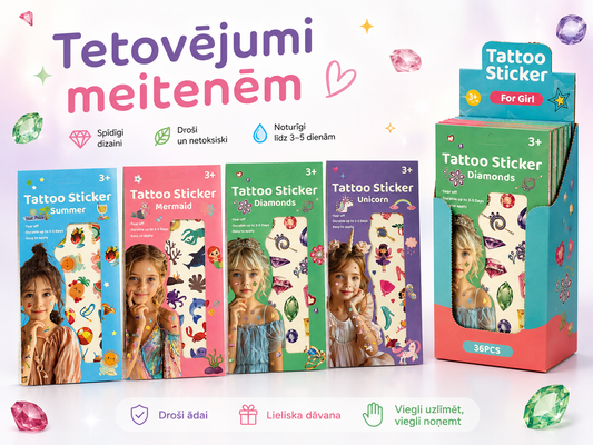 Pagaidu tetovējumu uzlīmju komplekti meitenēm ar dažādiem dizainiem un displeja kasti