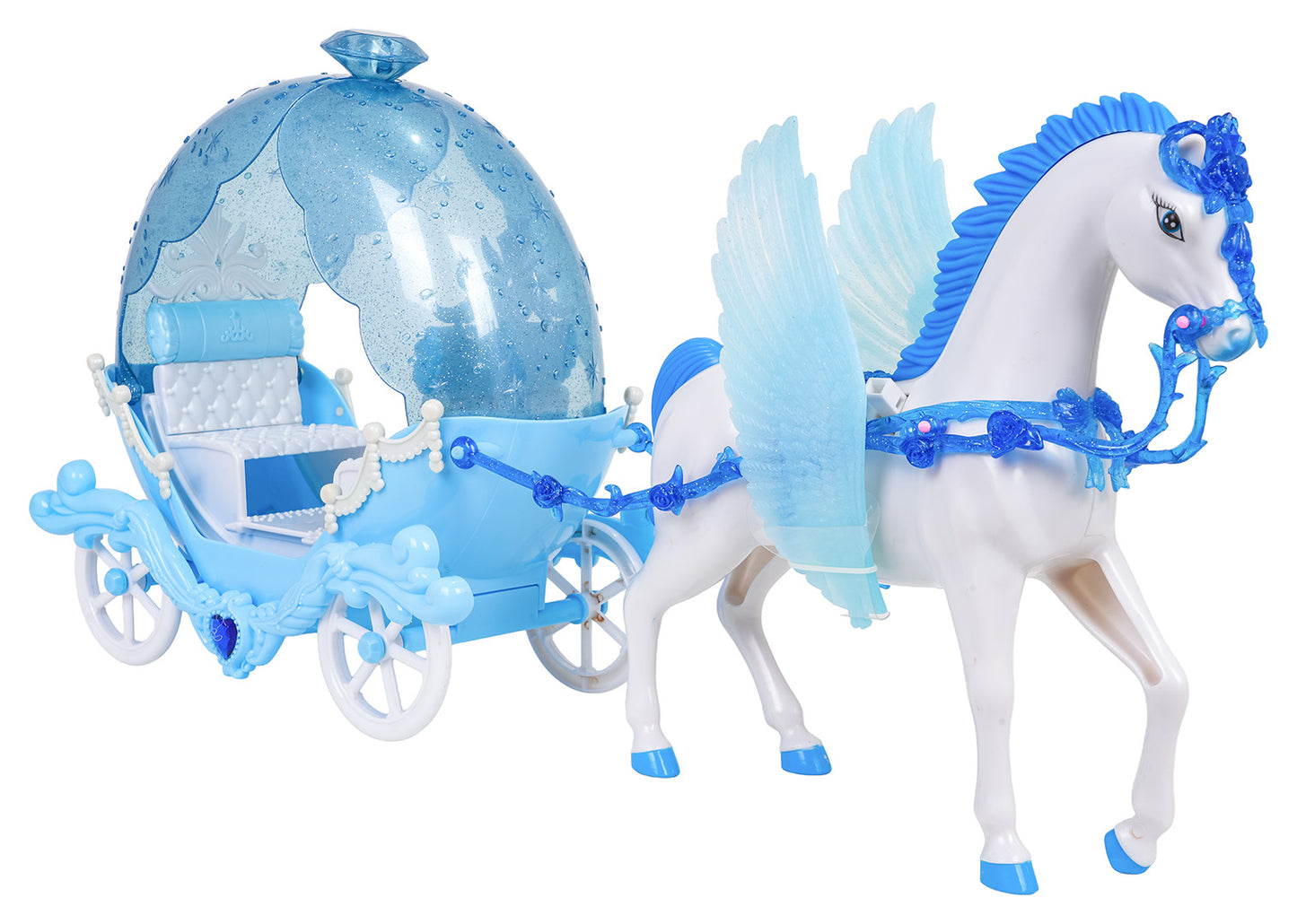 Balts rotaļzirdziņš ar zilām iejūgām un karieti, pasaku princesei paredzēta rotaļlieta bērniem 3+