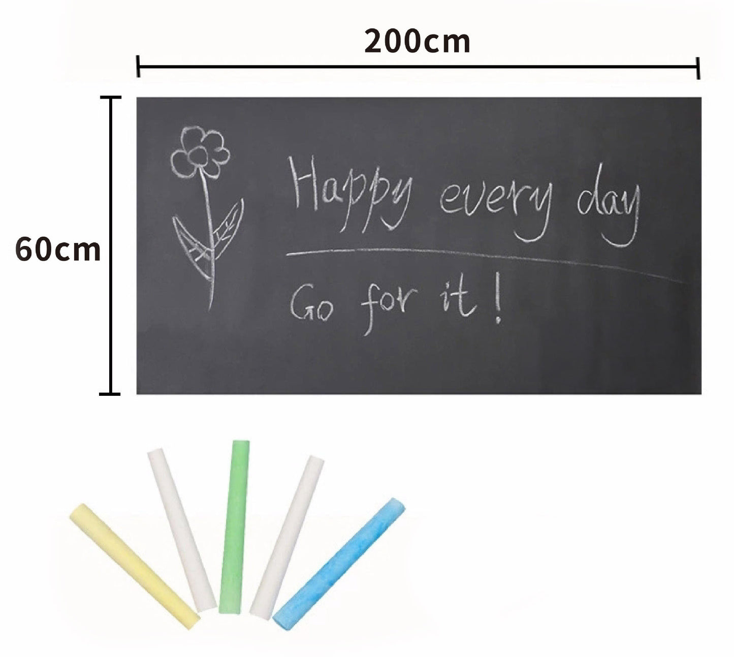 Pašlīmējošā tāfele 200×60 cm ar krītiņiem un piemēru “Happy every day”