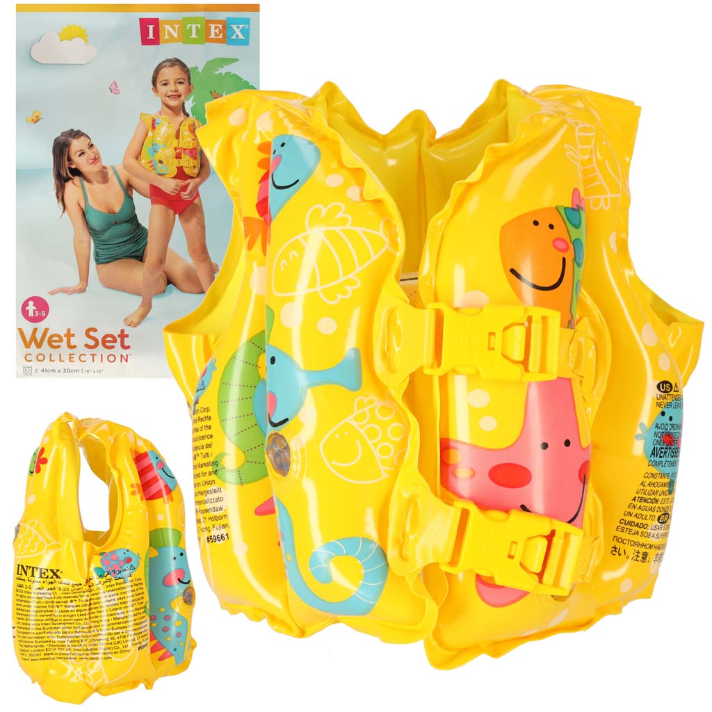 Intex piepūšamās glābšanas vestes ar multfilmu rakstiem uz balta fona