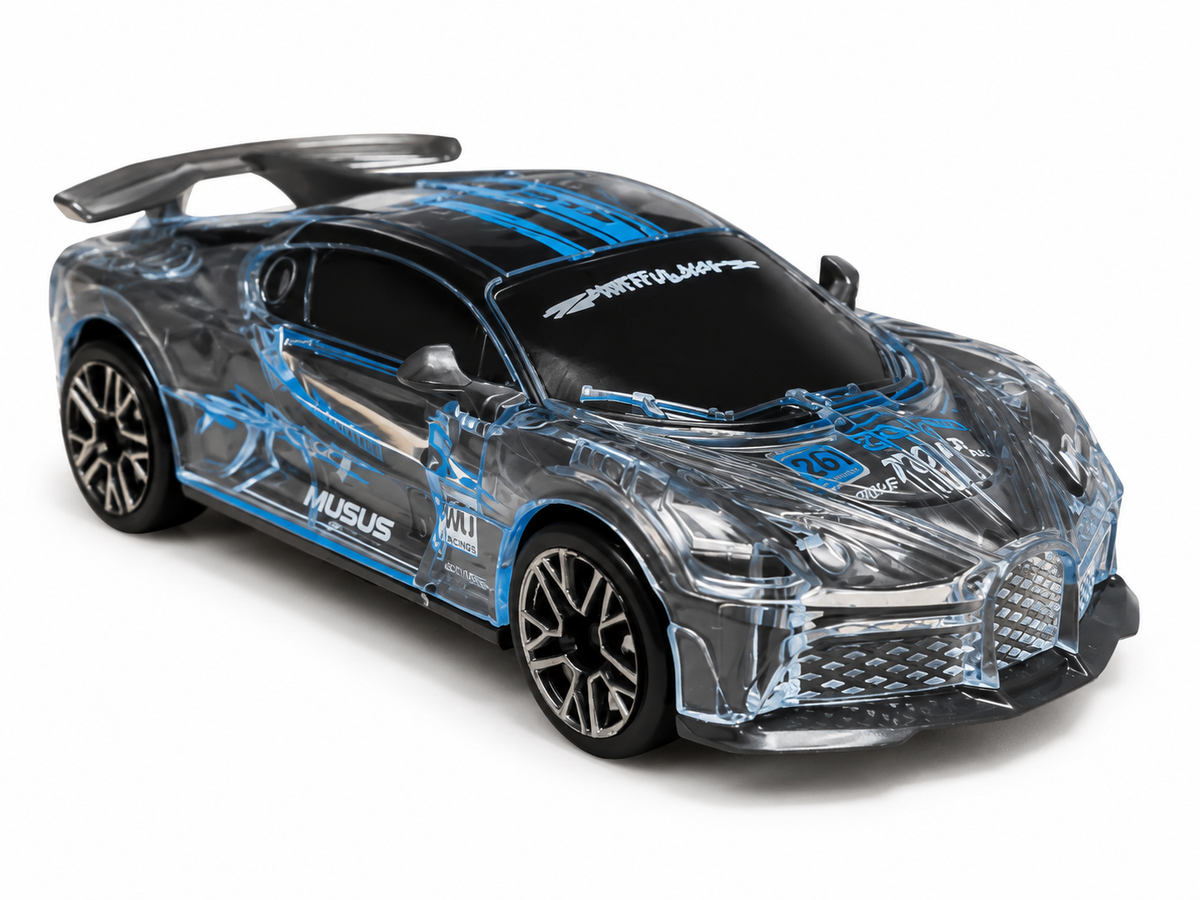 Pelēka rotaļu sporta automašīna ar caurspīdīgu virsbūvi, zilām detaļām un aizmugurējo spoileru