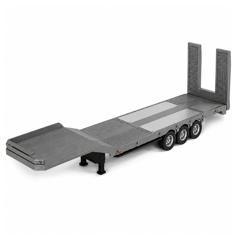 Pelēka zemās platformas piekabe Scania 770S HUINA modelim 1:18 sānskatā